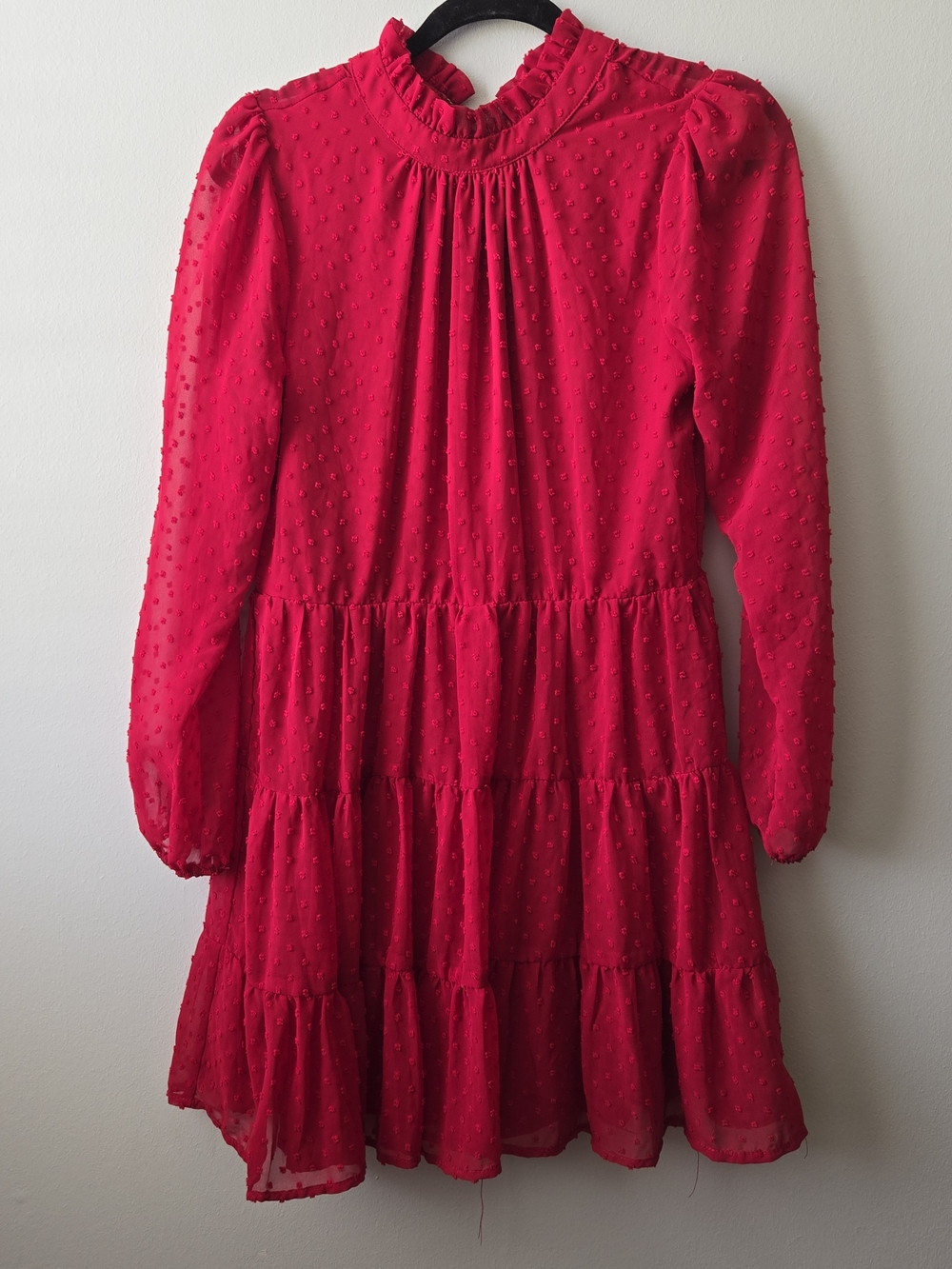 miami Red Swiss Dot Tiered Long-Sleeve Dress